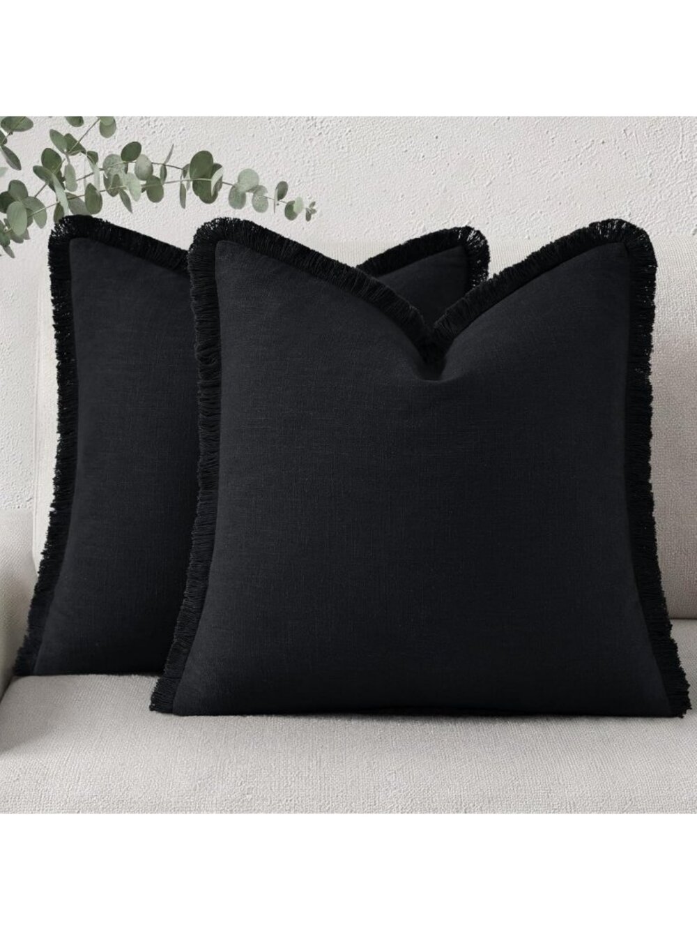 Chic Black Linen Fringe Throw Pillow Covers 20x20, Set of 2 for Home Decor